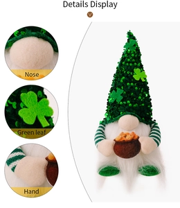 Detail display of St. Patrick's Day gnome featuring sequined green hat and clover accents