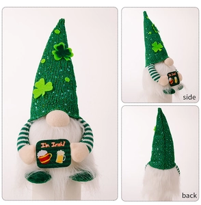 Detailed views of St. Patrick's Day gnome featuring sequined hat and I'm Irish sign