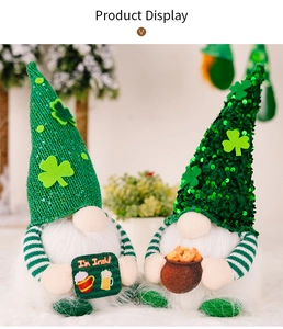 Detail of St. Patrick's Day gnomes with green sequin hats and I'm Irish sign