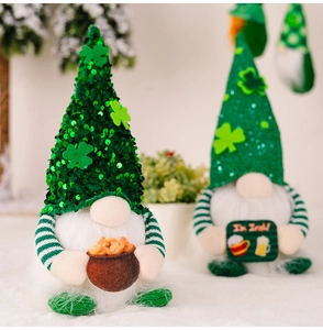 Detail of St. Patrick's Day gnomes with green sequin hats and I'm Irish sign