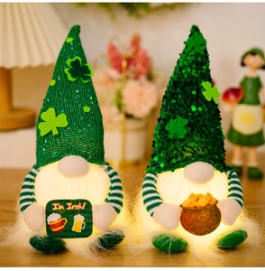 Close-up of glowing St. Patrick's Day gnomes with green sequins and I'm Irish sign