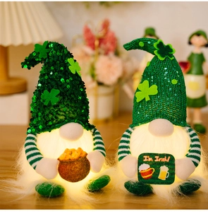 Glow-in-the-dark St. Patrick's Day gnomes with sequins and clover details for home decor