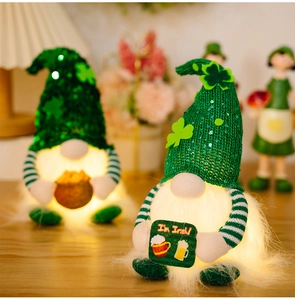 Macro detail of two glowing St. Patrick's Day gnomes with green sequins and clover hats