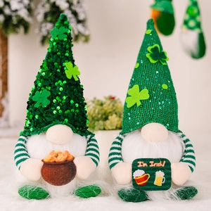 St Patricks Day Gnome Plush Decoration LED Lighted Sequin Hat Clover Shamrock Irish Home Table Desktop Decor Ornament