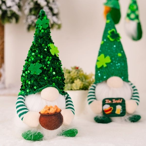 St. Patrick's Day gnomes with green sequin clover hats and LED lights decor