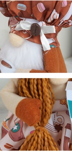 Macro detail of gnome plush with coffee bean accents and Starbucks-style print patterns