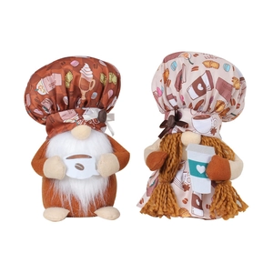 Chef hat coffee gnomes plush set featuring handmade bearded and braided gnome dolls