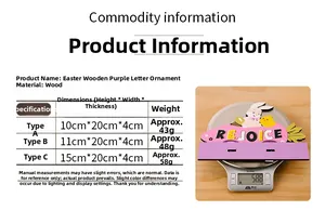 Size chart showing Easter wooden purple ornaments with weight and dimension details