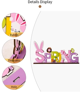 Detail view of Easter SPRING wooden sign showing rabbit painting and board thickness