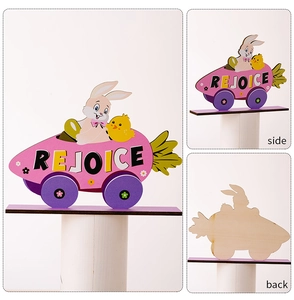 Detail of wooden Easter rejoice sign with bunny in carrot car and side view display