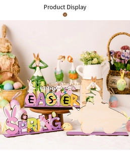 Detailed view of Happy Easter and Spring wooden letter ornaments on festive table