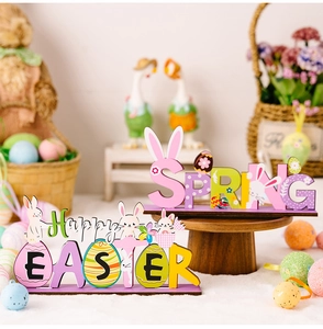 Detailed close-up of wooden Happy Easter and Spring bunny table signs for home decor