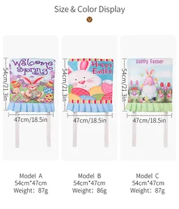 Size chart showing dimensions for three Easter bunny chair covers 54x47cm with specifications
