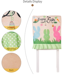 Detail of Happy Easter chair cover featuring burlap texture and colorful rabbit prints