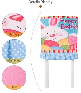 Detailed views of Happy Easter chair cover with rabbit prints and ruffled blue hemline