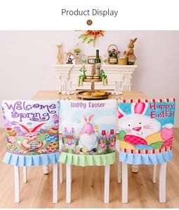Close-up of three Easter chair covers with rabbit prints and ruffled skirt hems