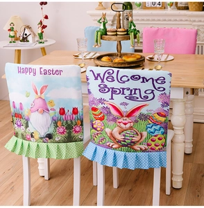 Easter dining chair cover with Happy Easter bunny prints and decorative ruffled hem detail