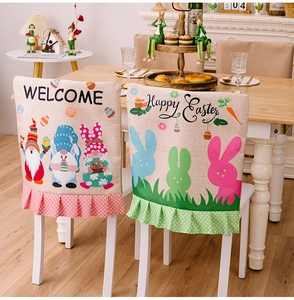 Detail of Easter chair covers with gnome and bunny prints and polka dot ruffled trim