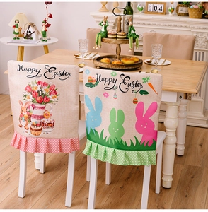 Detail of faux linen Easter chair covers with bunny prints and decorative ruffled hems