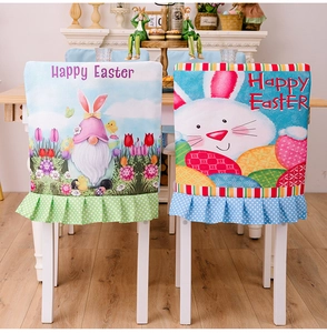 Detail of Easter chair covers with gnome and bunny prints and polka dot ruffle trim