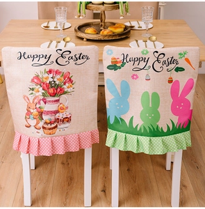 Close-up of Easter linen chair covers featuring bunny prints and ruffled polka dot hems