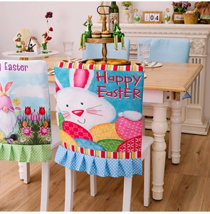 Detail of Easter chair covers with bunny and gnome prints and ruffled polka dot edges