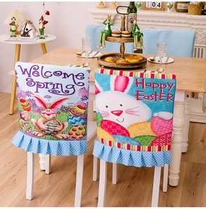 Easter dining chair covers featuring Welcome Spring bunnies and Happy Easter egg patterns