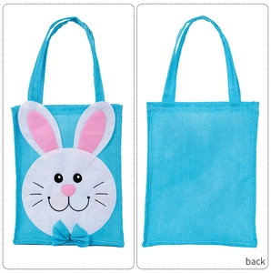 Front and back view of blue Easter bunny gift bag with pink felt rabbit decor