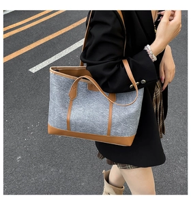 Detail of grey felt and brown leather tote bag carried by a model on a street