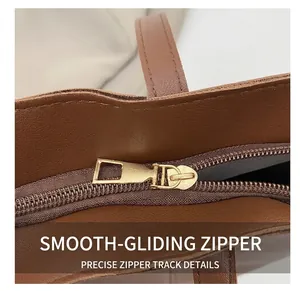 Détail de la fermeture éclair en métal doré sur le sac fourre-tout vintage marron