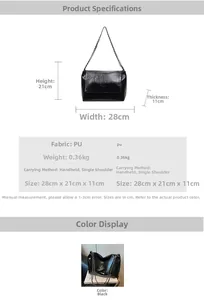 Detailed view of black PU leather shoulder bag with gold chain and size specifications