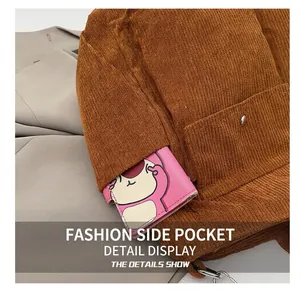 Detailed macro view of a corduroy tote bag side pocket with a cute cartoon bear wallet