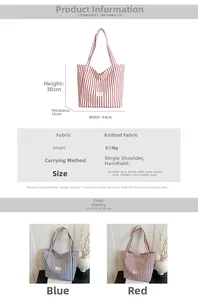 Detail showing dimensions and 0.13kg weight of this large striped knit tote shopping bag