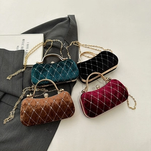 Velvet Evening Bag For Women Rhinestone Quilted Lattice Handbag Metal Handle Lock Closure Crossbody Clutch For Wedding Party