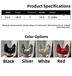 Detailed view of crescent dumpling bag in black, silver, white and red glossy leather