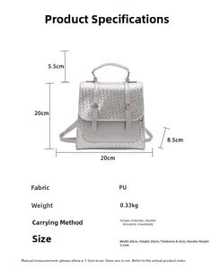 Detailed size chart showing dimensions of silver woven texture mini backpack in PU leather