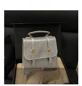 Silver snakeskin handbag with golden round hardware displayed in a premium black gift box