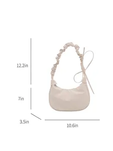 Borsa a spalla beige arricciata con fiocco e schema delle dimensioni del prodotto