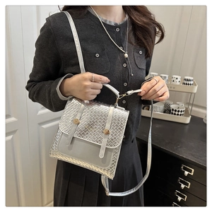 Close-up of a silver textured leather bag with gold circular buckle and chain strap