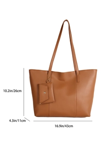 Sac cabas en cuir PU marron avec de longues bretelles et une mini pochette assortie