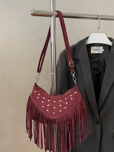 Bohemian Women Faux Suede Crossbody Bag With Long Tassels And Gold Rivets Retro Half Moon Shoulder Purse