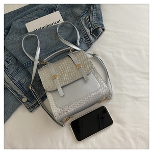 Gros plan d'un sac argenté en cuir PU avec rabat tressé et boucles en métal doré chic