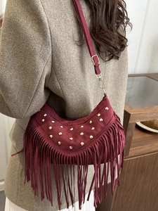 Bohemian burgundy suede tassel shoulder bag with gold studs for daily elegant fashion