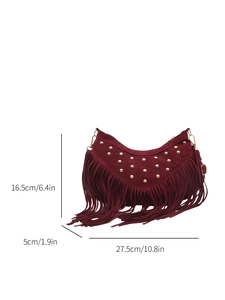Bohemian burgundy suede handbag with golden rivets and fringe trim for daily use