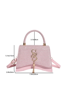 Pink glitter trapezoid handbag with gold S-hook and curved base design for women