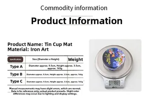 Size chart showing tinplate Christmas coaster specs, 9.5cm diameter and 166g weight