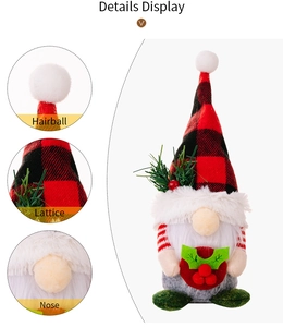 Detail view of Christmas gnome showing lattice hat, white beard and small apple accessory