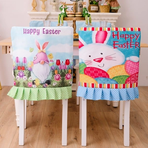 Easter chair covers featuring rabbit and gnome prints with decorative ruffled edges