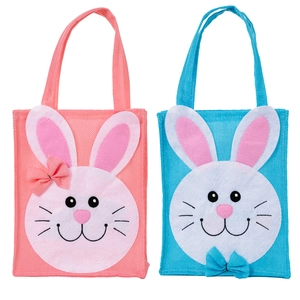 Pink and blue Easter bunny gift bags with woven texture and cute felt rabbit faces