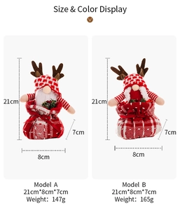 Size details of Christmas gnome reindeer gift bags with knits and festive plaid patterns